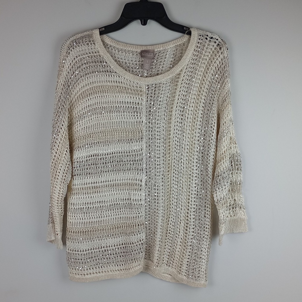 Chicos Womens M Beige Sequin Metallic Open Knit Crochet Pullover Sweater